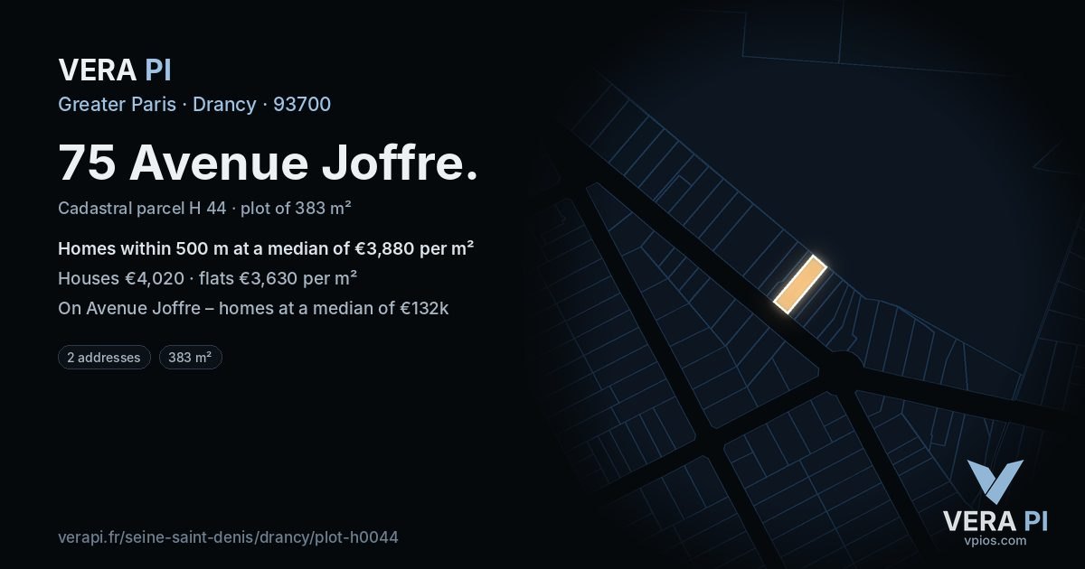 75 Avenue Joffre, Drancy at night – the plot lit, the parcels around coloured by the prices near them