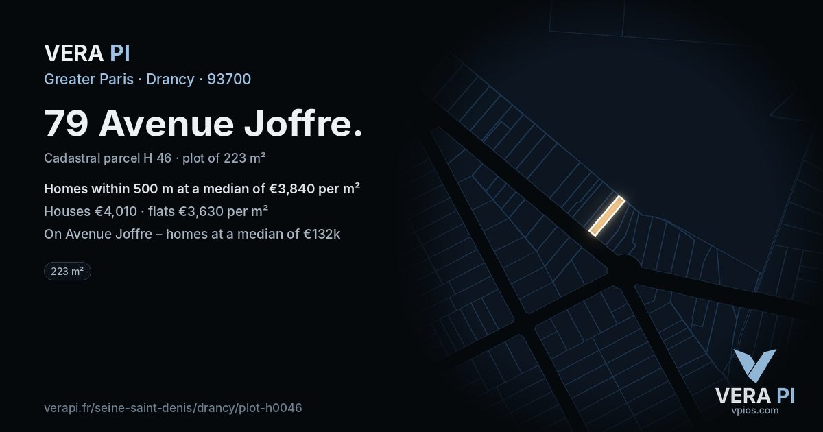 79 Avenue Joffre, Drancy at night – the plot lit, the parcels around coloured by the prices near them