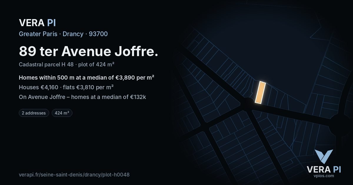 89 ter Avenue Joffre, Drancy at night – the plot lit, the parcels around coloured by the prices near them