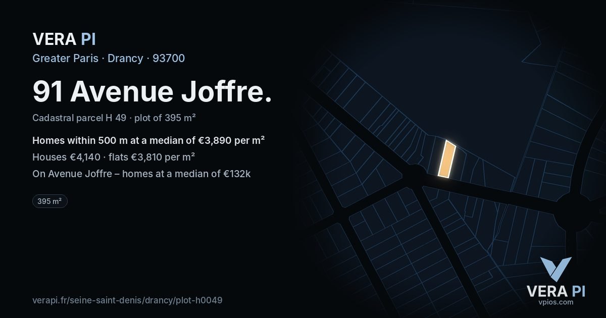 91 Avenue Joffre, Drancy at night – the plot lit, the parcels around coloured by the prices near them