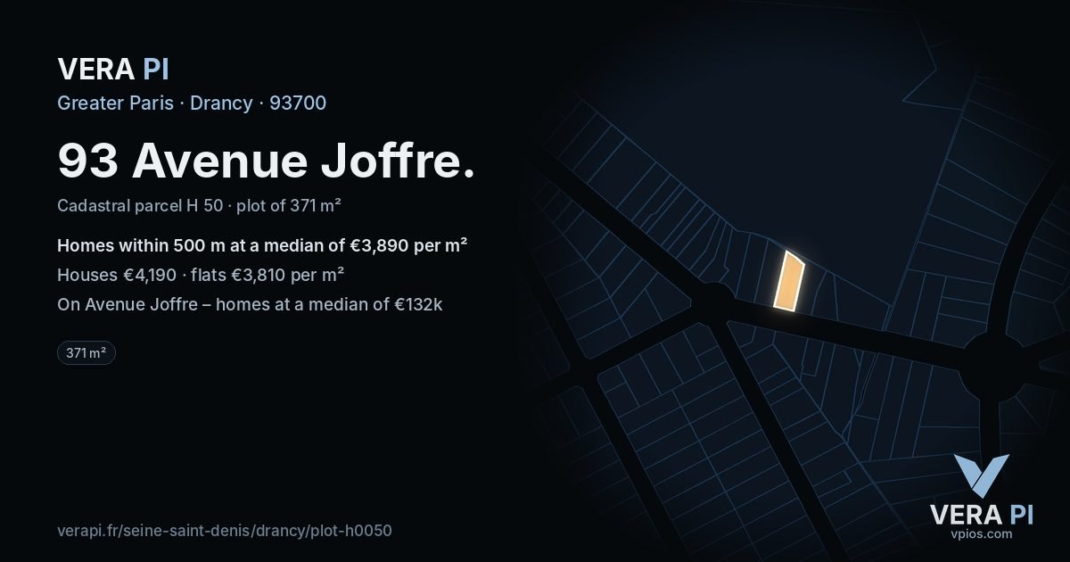 93 Avenue Joffre, Drancy at night – the plot lit, the parcels around coloured by the prices near them