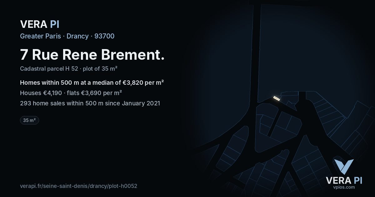 7 Rue Rene Brement, Drancy at night – the plot lit, the parcels around coloured by the prices near them