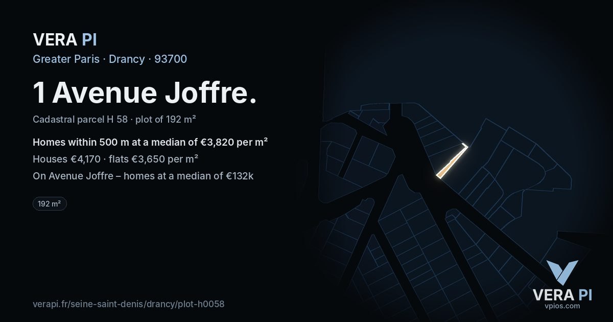 1 Avenue Joffre, Drancy at night – the plot lit, the parcels around coloured by the prices near them