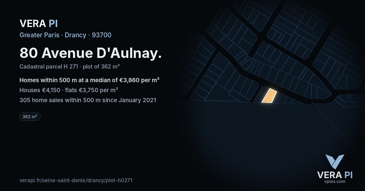 80 Avenue D'Aulnay, Drancy at night – the plot lit, the parcels around coloured by the prices near them