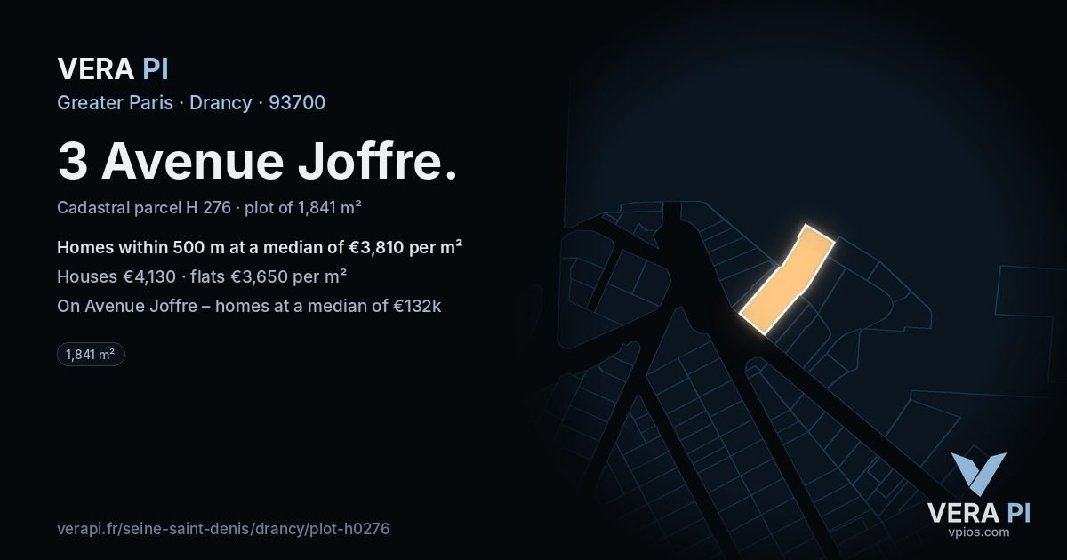 3 Avenue Joffre, Drancy at night – the plot lit, the parcels around coloured by the prices near them