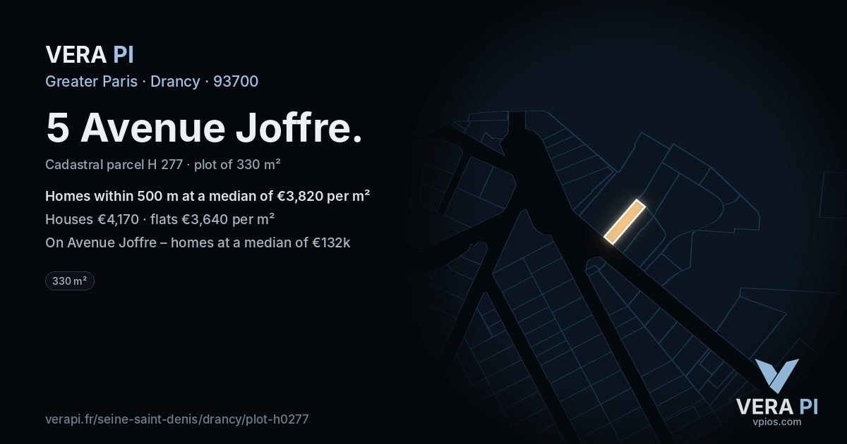 5 Avenue Joffre, Drancy at night – the plot lit, the parcels around coloured by the prices near them