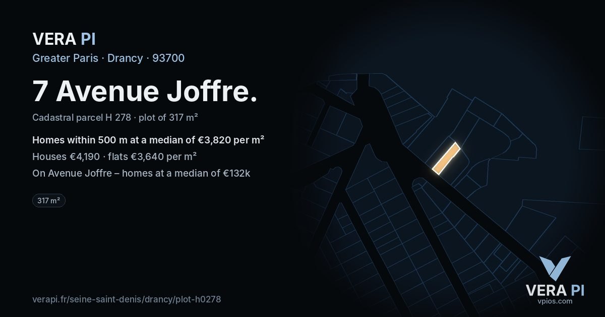 7 Avenue Joffre, Drancy at night – the plot lit, the parcels around coloured by the prices near them