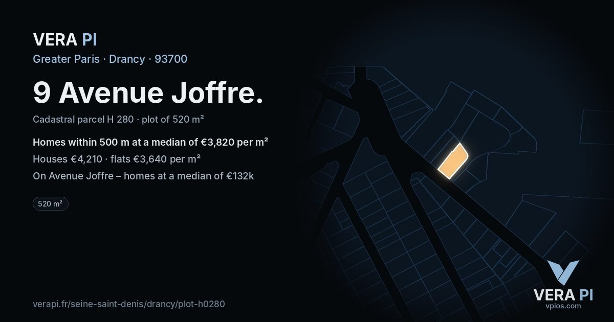 9 Avenue Joffre, Drancy at night – the plot lit, the parcels around coloured by the prices near them