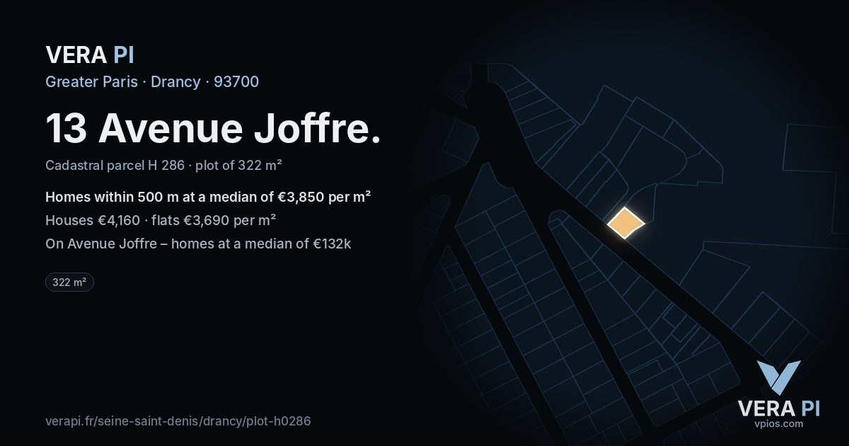 13 Avenue Joffre, Drancy at night – the plot lit, the parcels around coloured by the prices near them