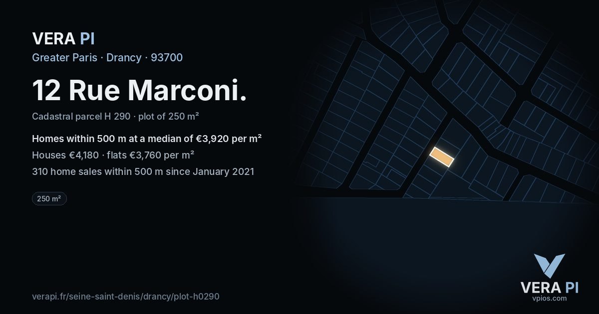 12 Rue Marconi, Drancy at night – the plot lit, the parcels around coloured by the prices near them