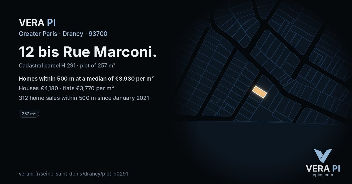 12 bis Rue Marconi, Drancy at night – the plot lit, the parcels around coloured by the prices near them