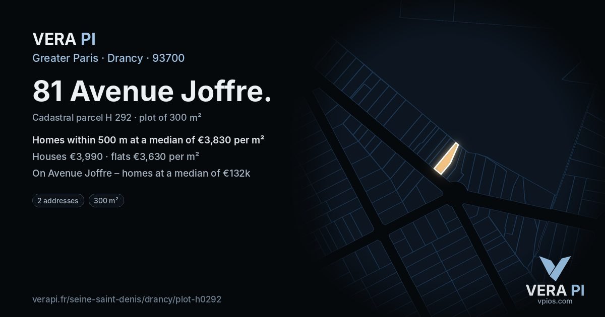 81 Avenue Joffre, Drancy at night – the plot lit, the parcels around coloured by the prices near them