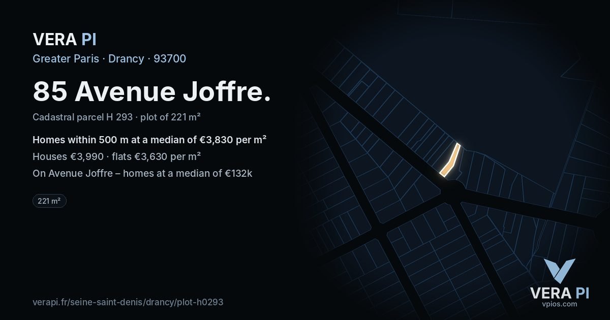 85 Avenue Joffre, Drancy at night – the plot lit, the parcels around coloured by the prices near them