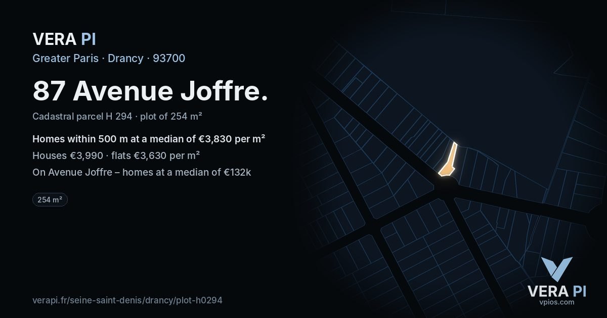 87 Avenue Joffre, Drancy at night – the plot lit, the parcels around coloured by the prices near them