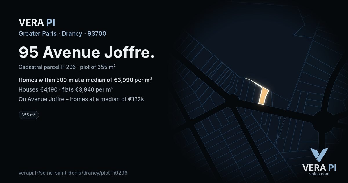 95 Avenue Joffre, Drancy at night – the plot lit, the parcels around coloured by the prices near them