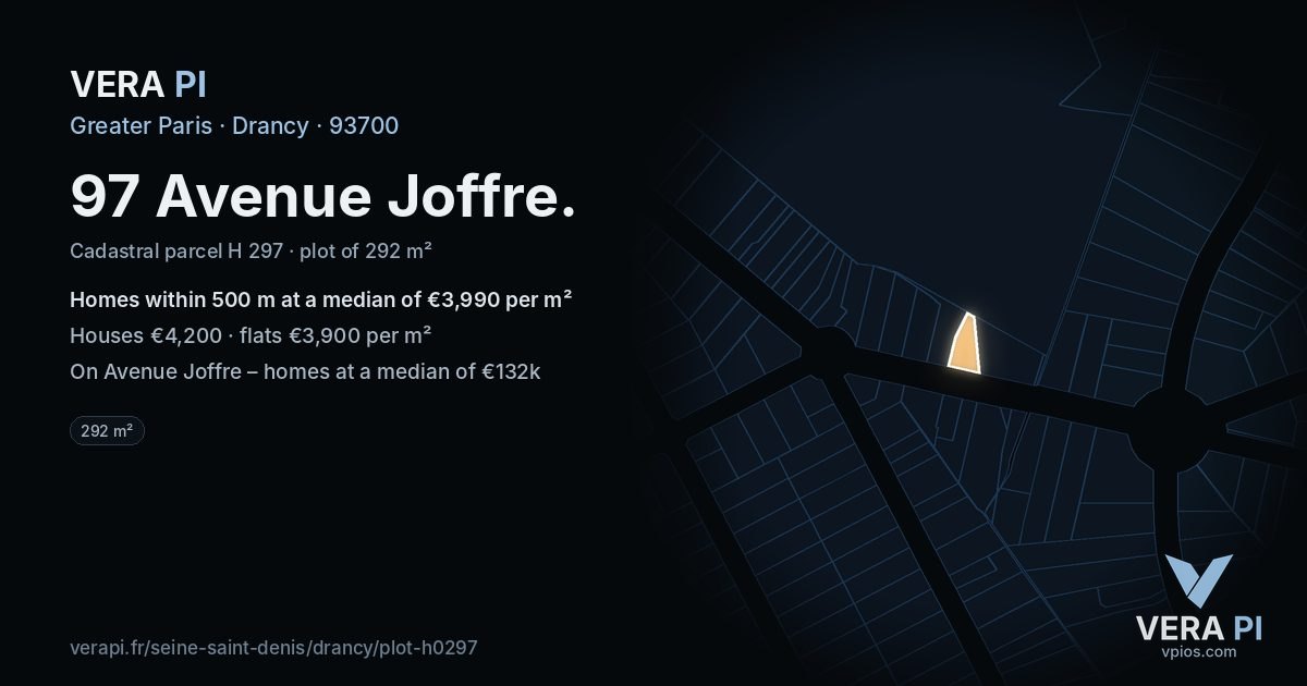 97 Avenue Joffre, Drancy at night – the plot lit, the parcels around coloured by the prices near them