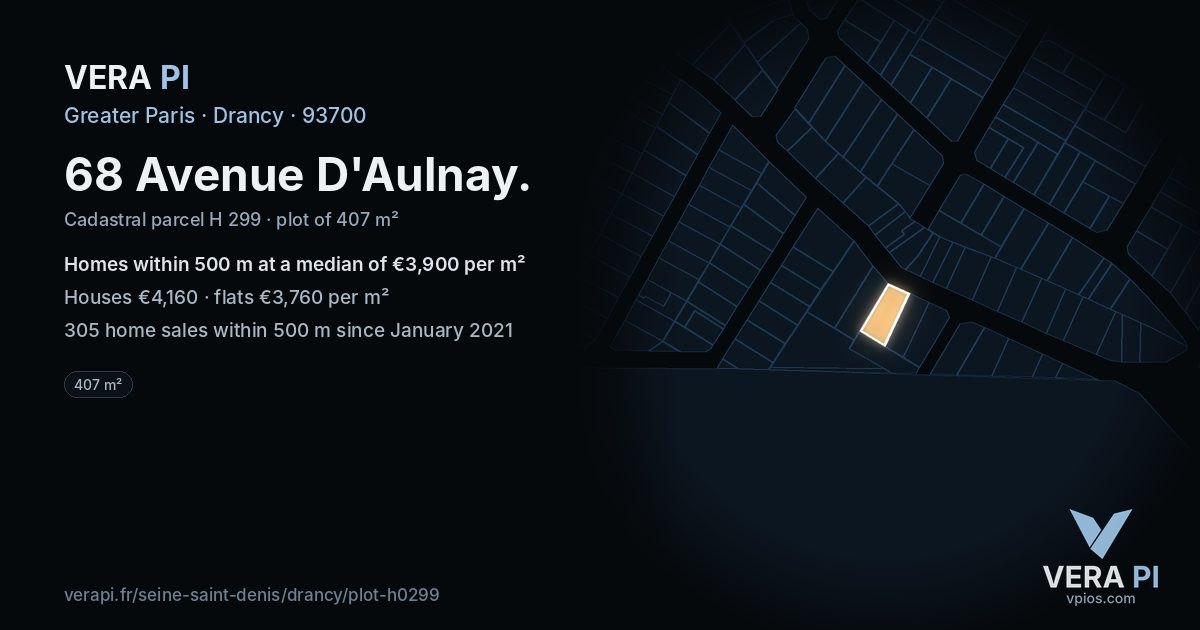 68 Avenue D'Aulnay, Drancy at night – the plot lit, the parcels around coloured by the prices near them