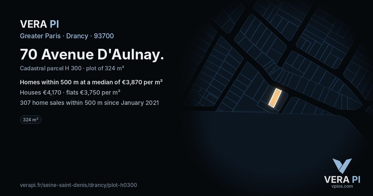 70 Avenue D'Aulnay, Drancy at night – the plot lit, the parcels around coloured by the prices near them