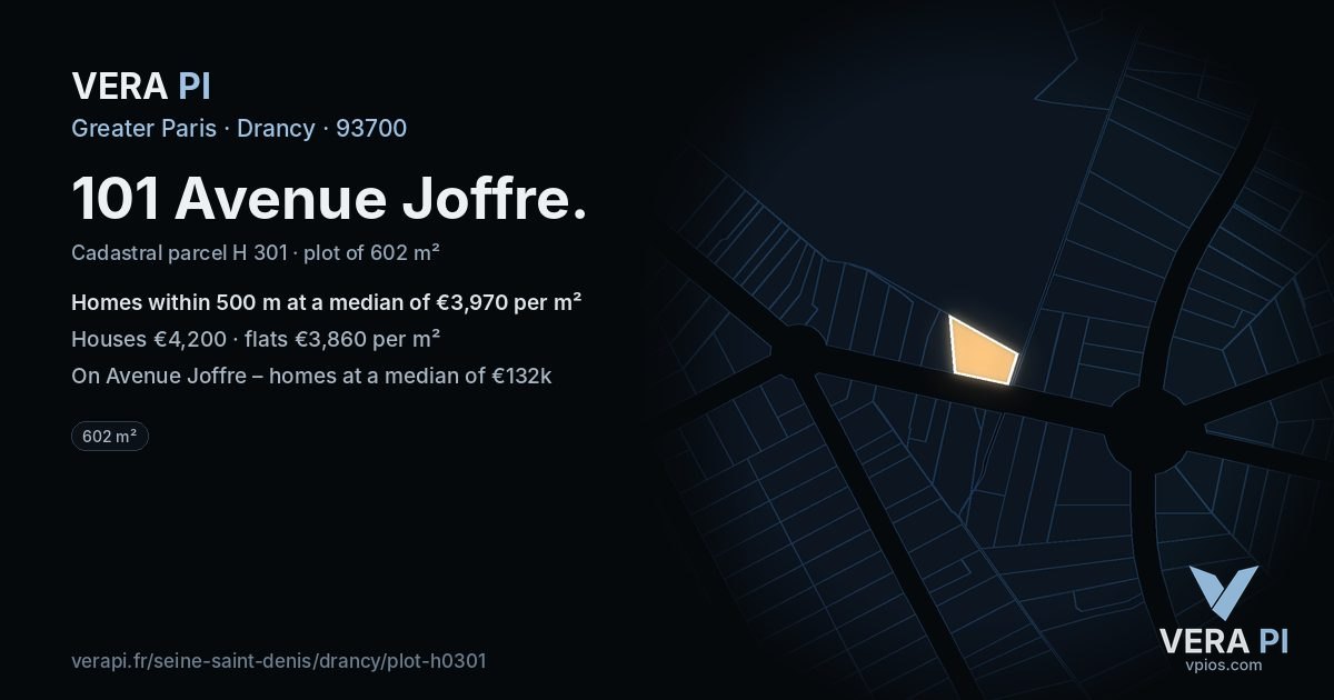 101 Avenue Joffre, Drancy at night – the plot lit, the parcels around coloured by the prices near them