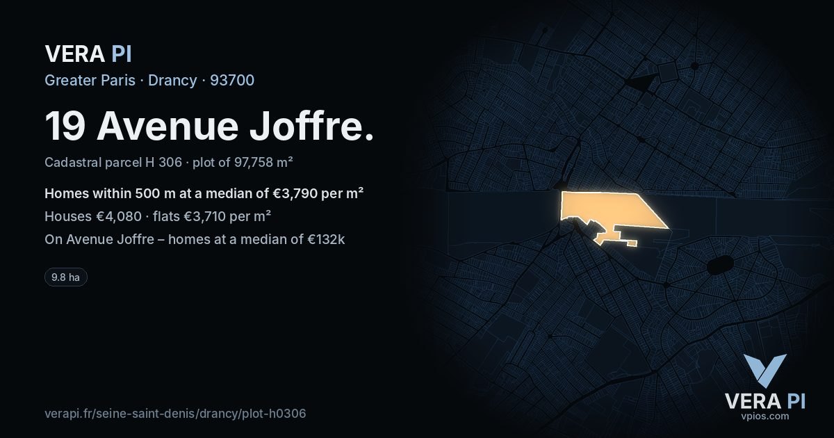 19 Avenue Joffre, Drancy at night – the plot lit, the parcels around coloured by the prices near them
