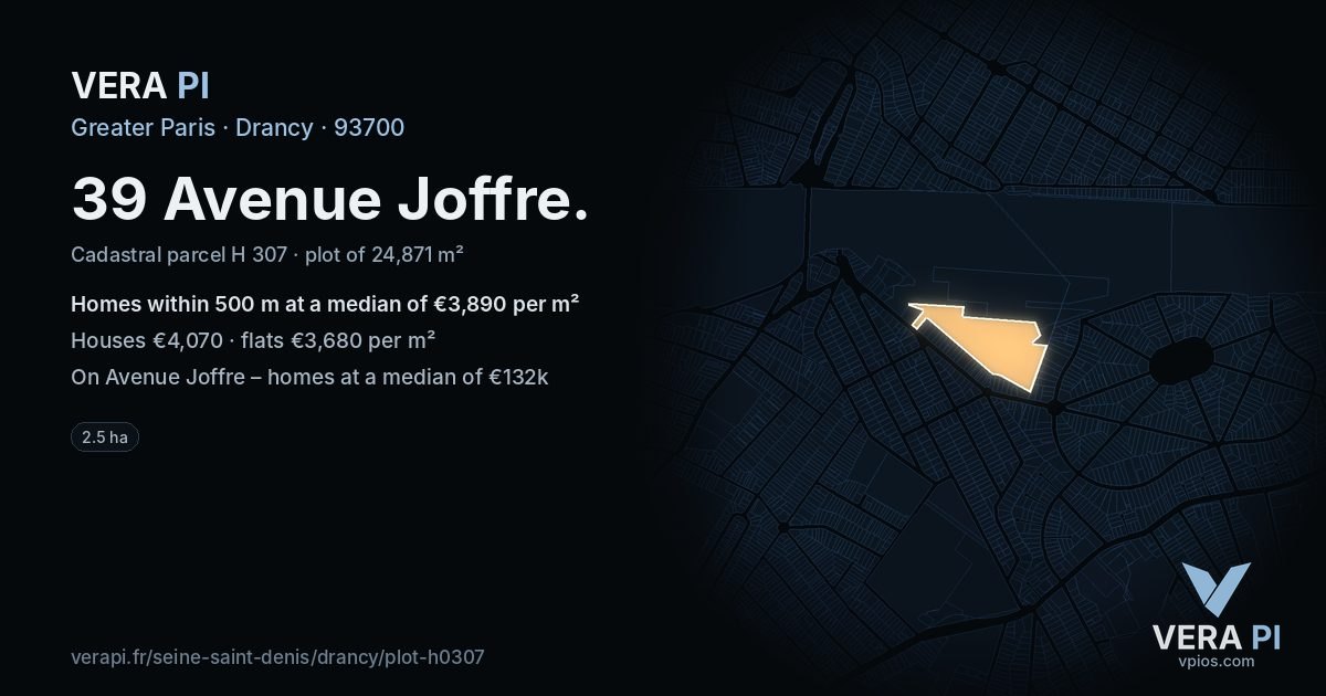 39 Avenue Joffre, Drancy at night – the plot lit, the parcels around coloured by the prices near them