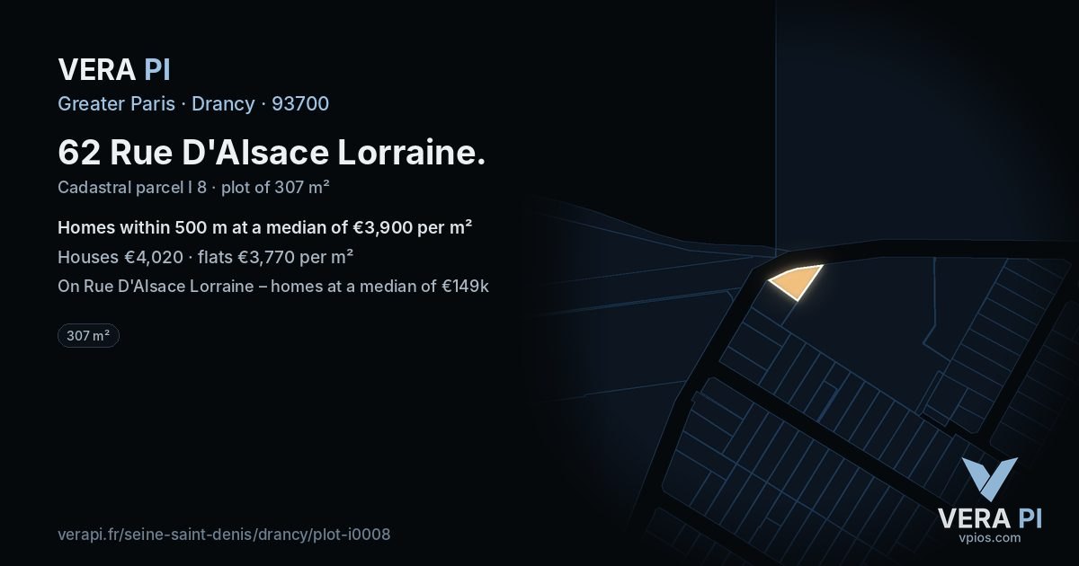 62 Rue D'Alsace Lorraine, Drancy at night – the plot lit, the parcels around coloured by the prices near them