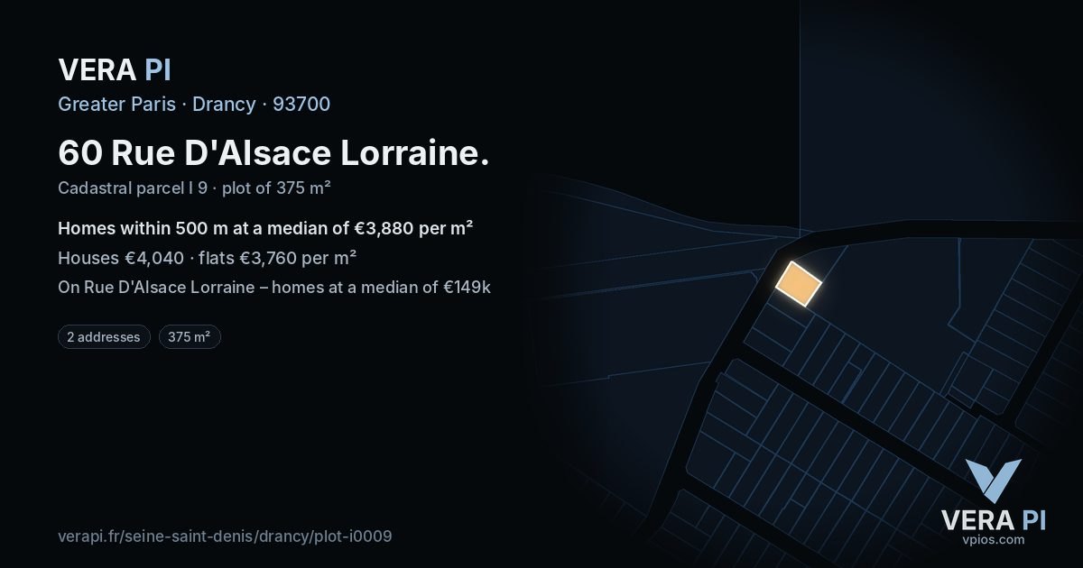 60 Rue D'Alsace Lorraine, Drancy at night – the plot lit, the parcels around coloured by the prices near them