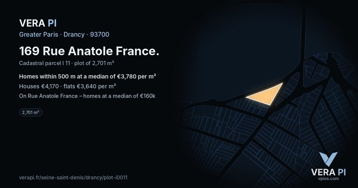 169 Rue Anatole France, Drancy at night – the plot lit, the parcels around coloured by the prices near them