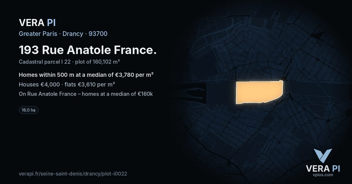 193 Rue Anatole France, Drancy at night – the plot lit, the parcels around coloured by the prices near them