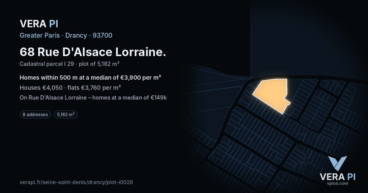 68 Rue D'Alsace Lorraine, Drancy at night – the plot lit, the parcels around coloured by the prices near them