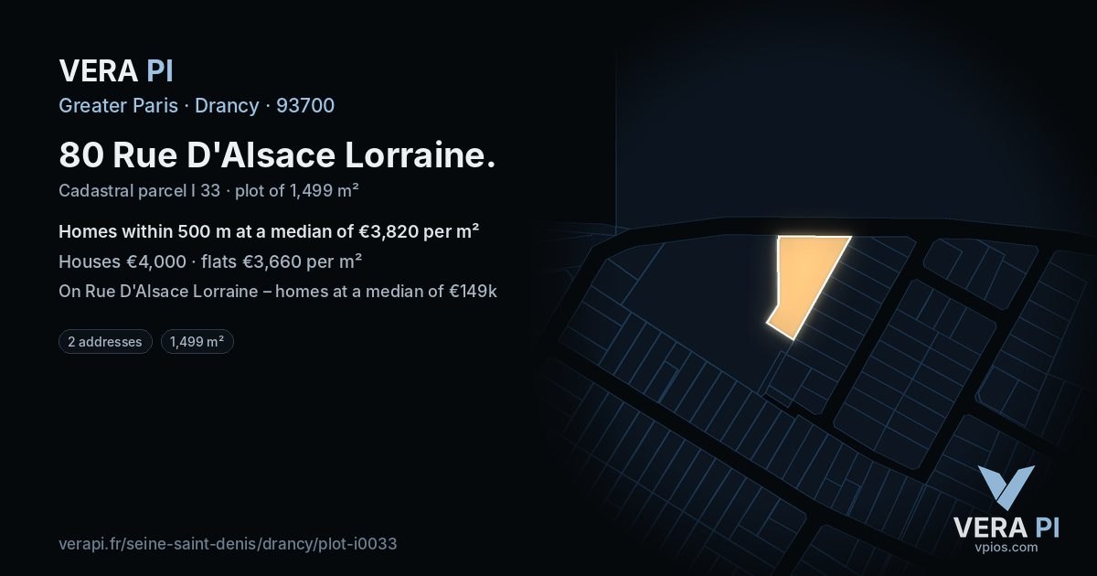 80 Rue D'Alsace Lorraine, Drancy at night – the plot lit, the parcels around coloured by the prices near them