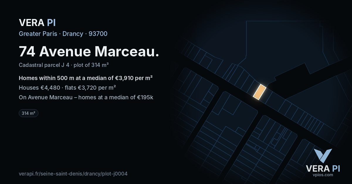 74 Avenue Marceau, Drancy at night – the plot lit, the parcels around coloured by the prices near them