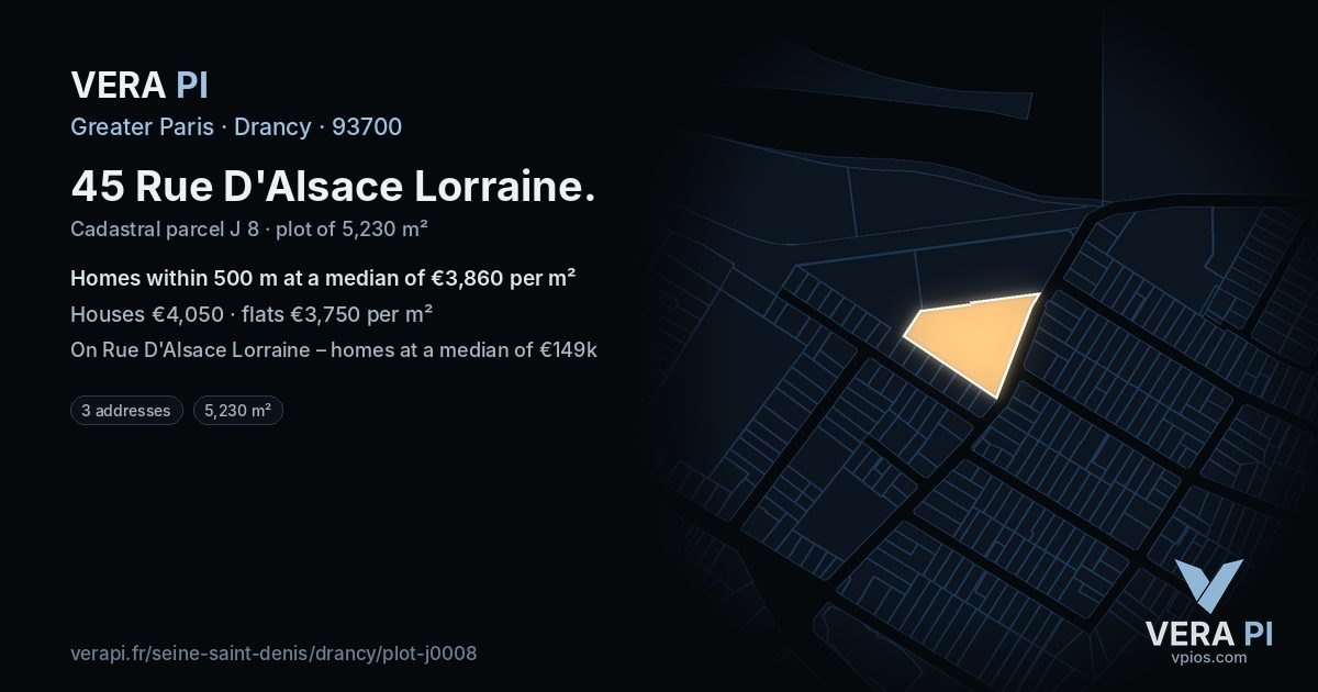45 Rue D'Alsace Lorraine, Drancy at night – the plot lit, the parcels around coloured by the prices near them
