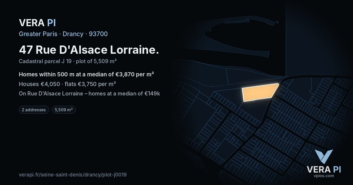 47 Rue D'Alsace Lorraine, Drancy at night – the plot lit, the parcels around coloured by the prices near them
