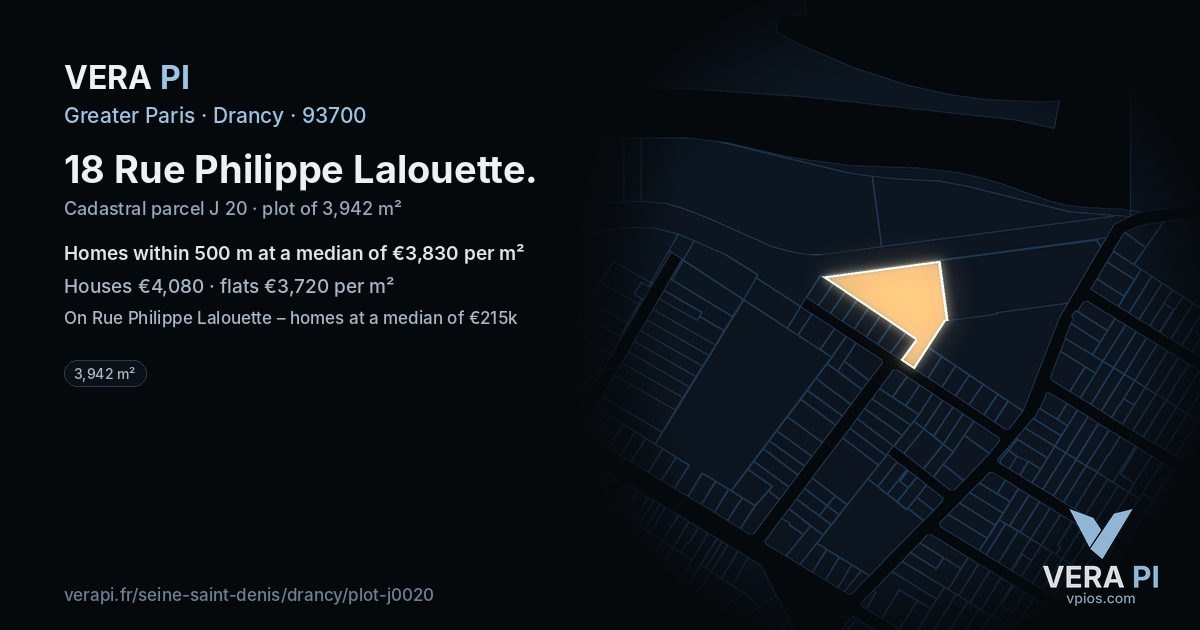 18 Rue Philippe Lalouette, Drancy at night – the plot lit, the parcels around coloured by the prices near them