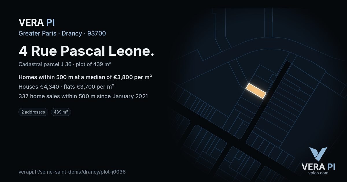 4 Rue Pascal Leone, Drancy at night – the plot lit, the parcels around coloured by the prices near them