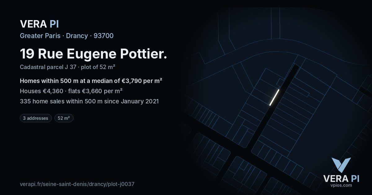 19 Rue Eugene Pottier, Drancy at night – the plot lit, the parcels around coloured by the prices near them