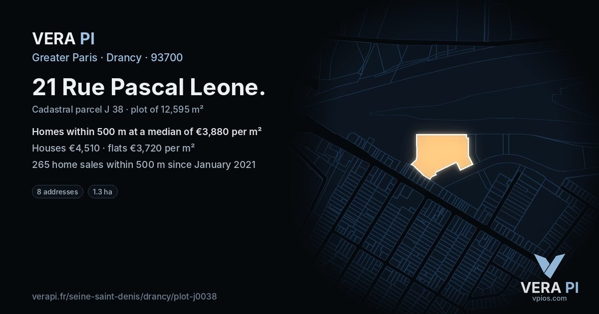 21 Rue Pascal Leone, Drancy at night – the plot lit, the parcels around coloured by the prices near them