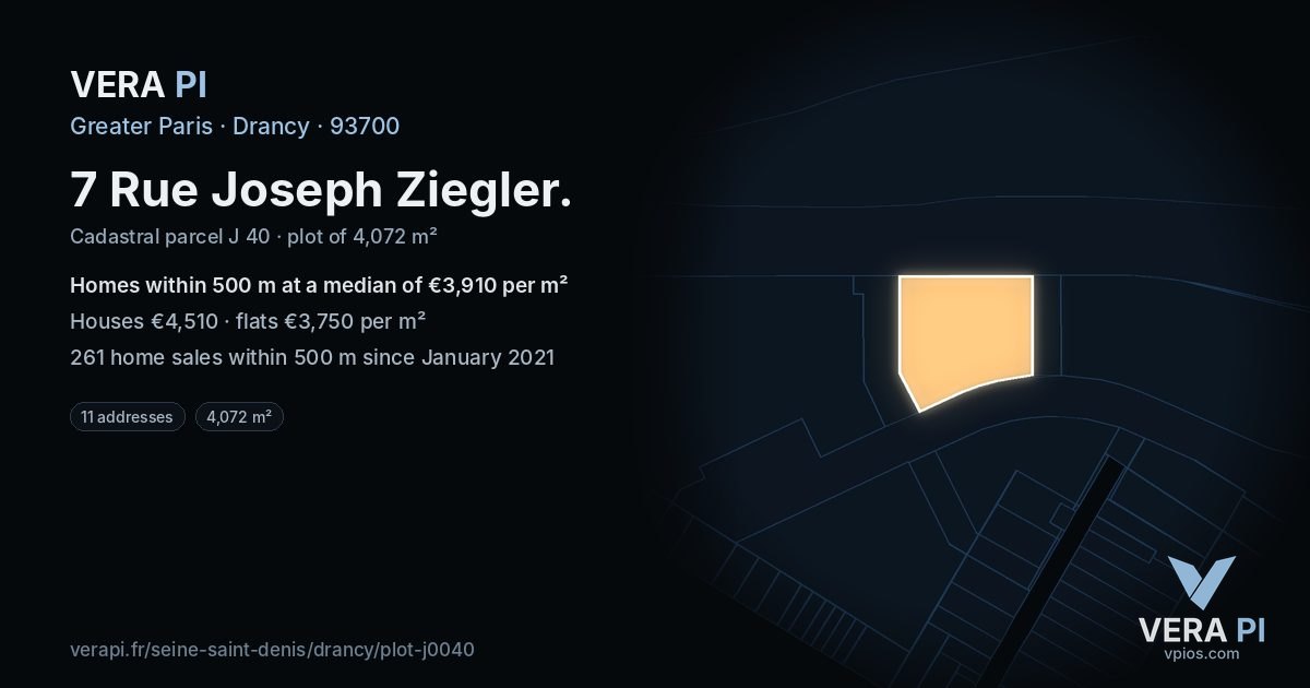 7 Rue Joseph Ziegler, Drancy at night – the plot lit, the parcels around coloured by the prices near them