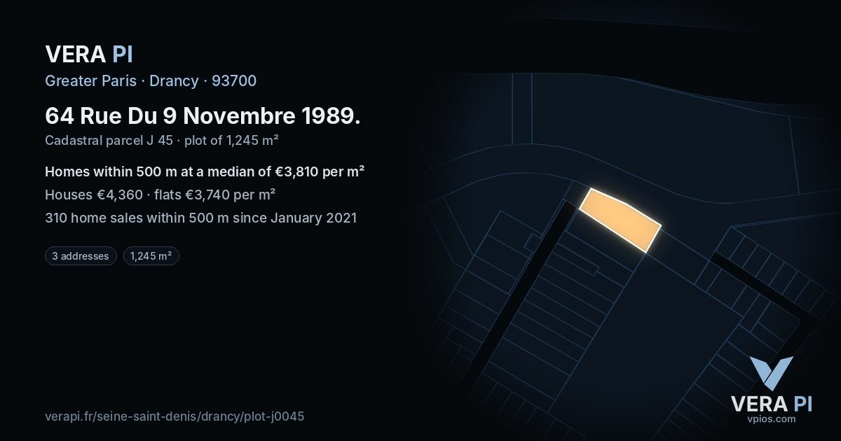 64 Rue Du 9 Novembre 1989, Drancy at night – the plot lit, the parcels around coloured by the prices near them