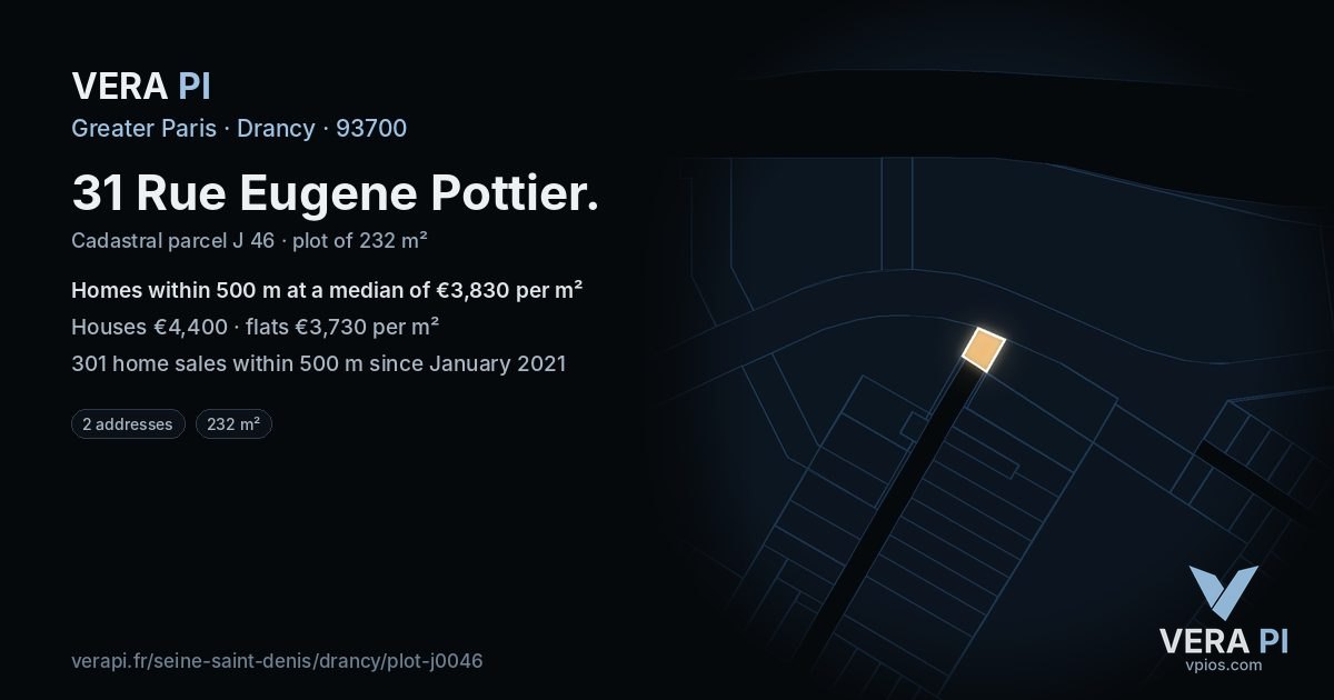 31 Rue Eugene Pottier, Drancy at night – the plot lit, the parcels around coloured by the prices near them