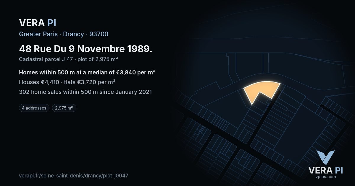 48 Rue Du 9 Novembre 1989, Drancy at night – the plot lit, the parcels around coloured by the prices near them