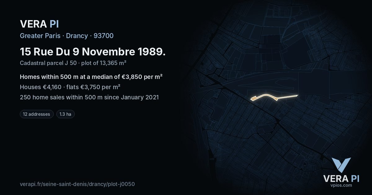 15 Rue Du 9 Novembre 1989, Drancy at night – the plot lit, the parcels around coloured by the prices near them