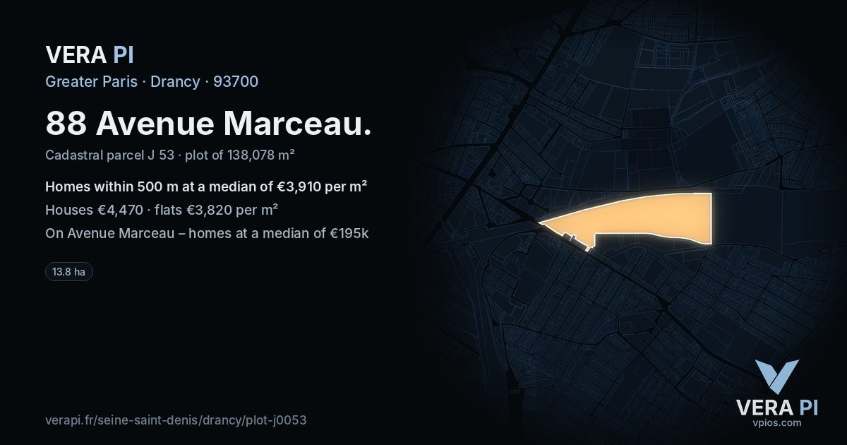 88 Avenue Marceau, Drancy at night – the plot lit, the parcels around coloured by the prices near them