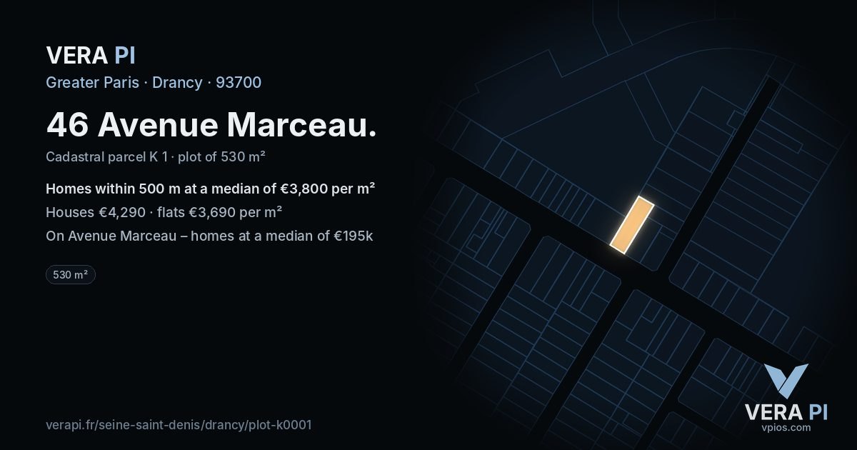 46 Avenue Marceau, Drancy at night – the plot lit, the parcels around coloured by the prices near them