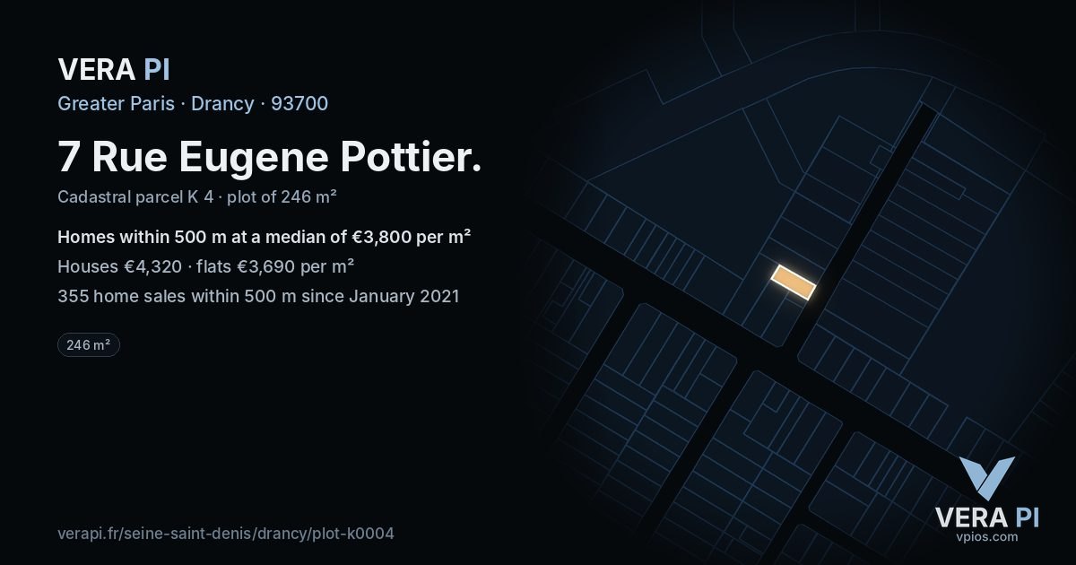 7 Rue Eugene Pottier, Drancy at night – the plot lit, the parcels around coloured by the prices near them