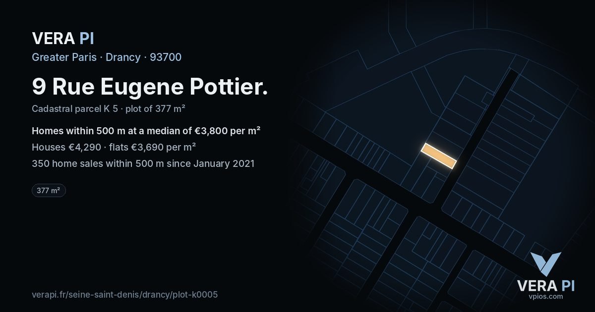 9 Rue Eugene Pottier, Drancy at night – the plot lit, the parcels around coloured by the prices near them