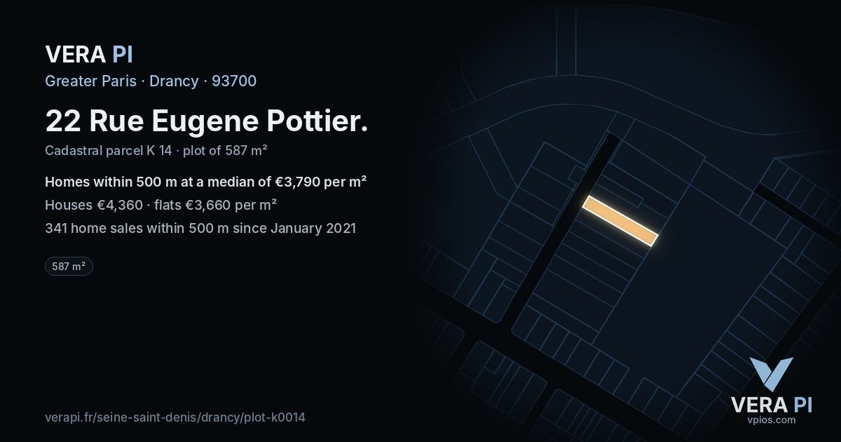 22 Rue Eugene Pottier, Drancy at night – the plot lit, the parcels around coloured by the prices near them