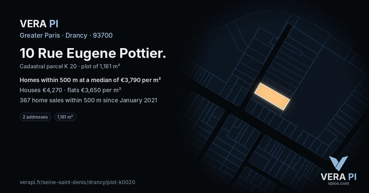 10 Rue Eugene Pottier, Drancy at night – the plot lit, the parcels around coloured by the prices near them