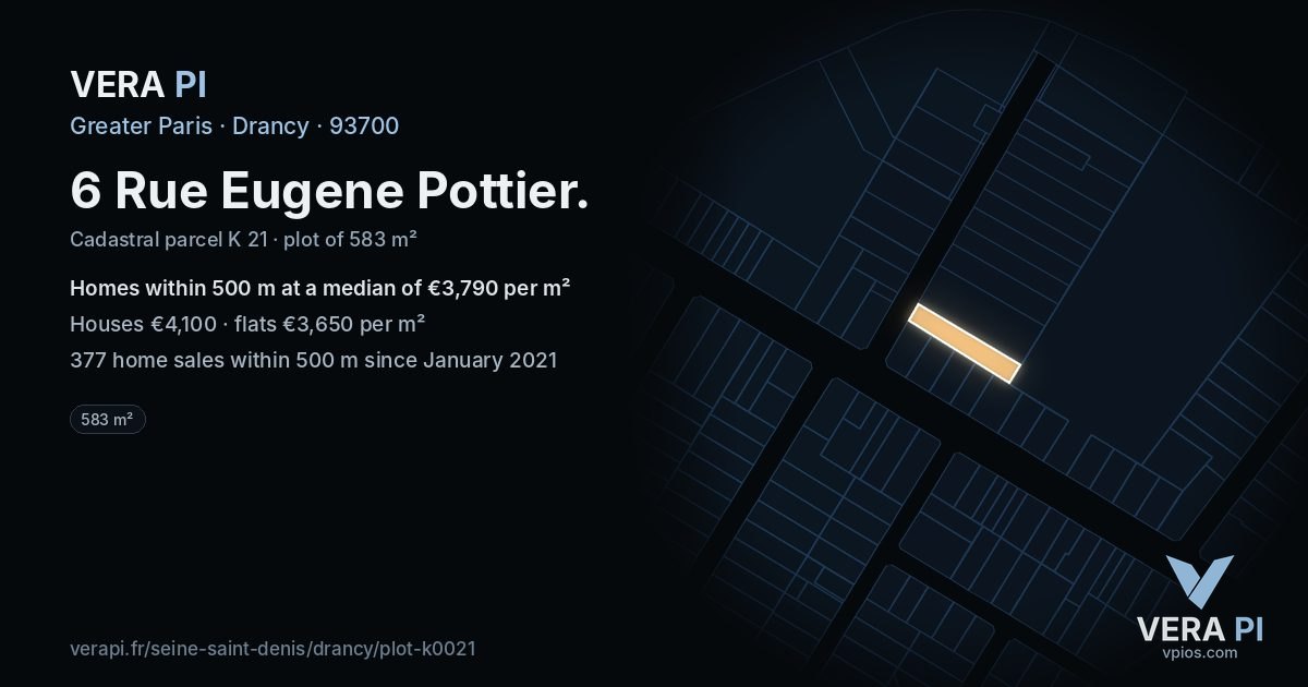 6 Rue Eugene Pottier, Drancy at night – the plot lit, the parcels around coloured by the prices near them